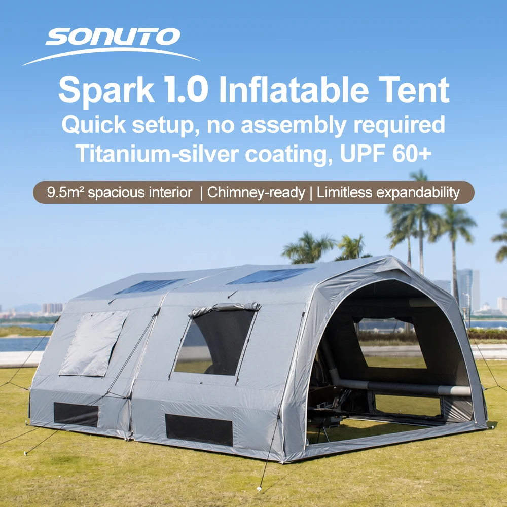 Sonuto Inflatable Air Frame Camping Tent Instant Pop Up Shelter with Ventilated Mesh Door Titanium Silver Sunshade
