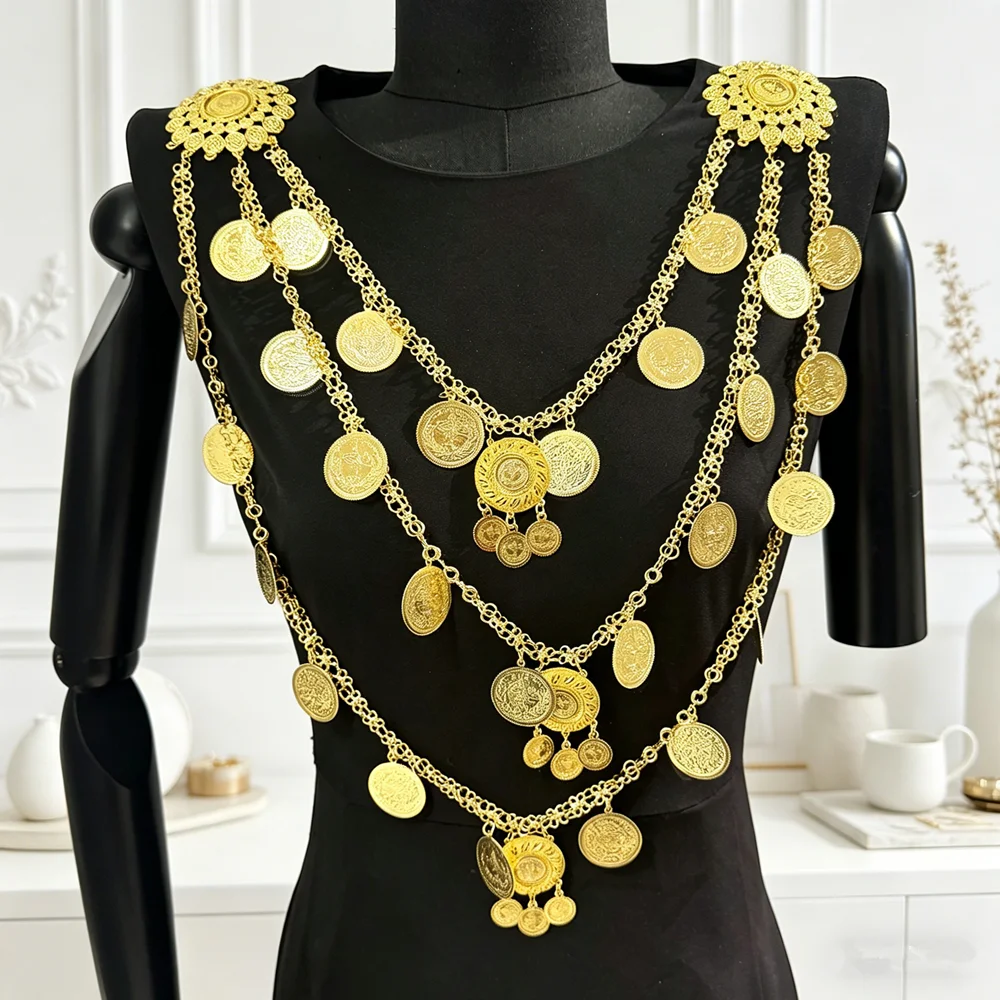 Middle Eastern Hollow Gold Coin Tassel Chest Accessory, Bridal Kaftan Wedding & Belly Dance Decoration