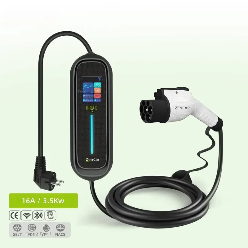 3.5kW Portable EV Charger for Zencar Model C30 16A GBT Schuko WiFi APP IP66 Big Screen Residential Electric Vehicle Charging