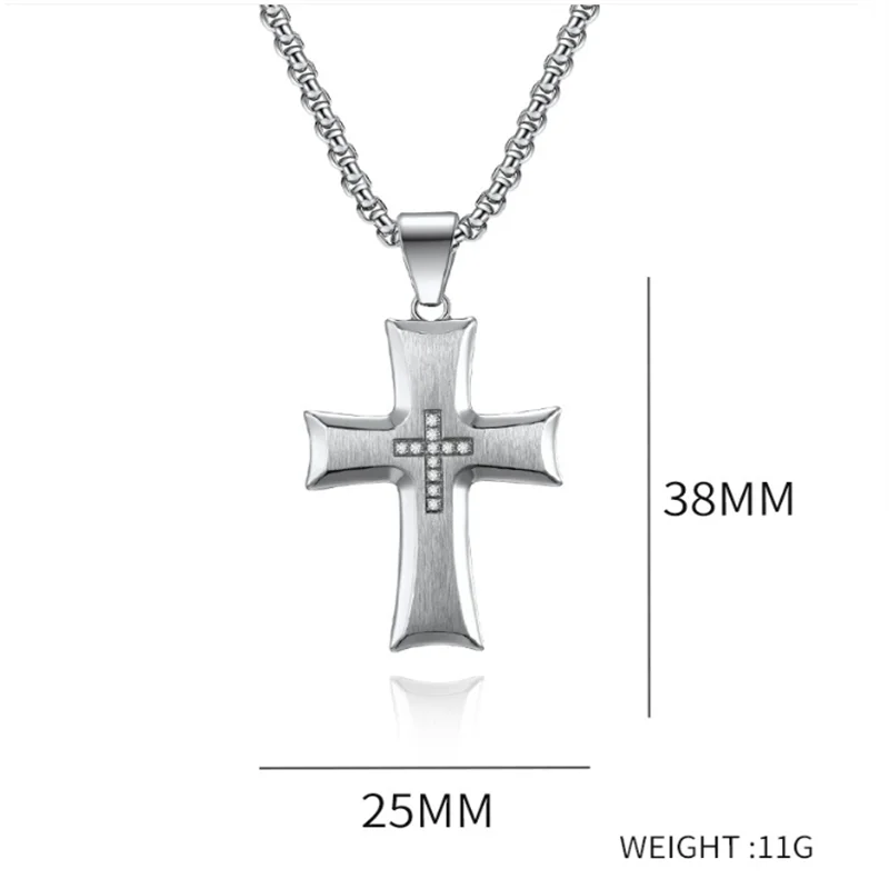OPJ best sell fashion jewelry Silver Reasonable Price Chain Brushed Cross Pendant With Middle Diamonds Necklace For Men