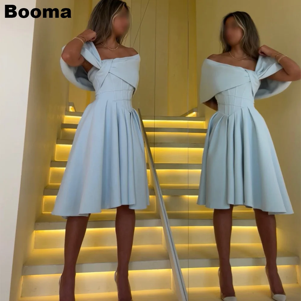 Booma a-line kurze Ballkleider schulter freie Falten-Party kleider knielange einfache formelle Abendkleider für Frauen Dubai Outfits