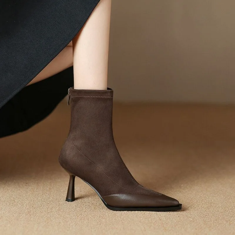 

Vintage Pointed Toe Thin Heel Women Ankle Boots Sexy Stripper Party Shoes Female Elegant Stretch Slim Short Booties，34-39