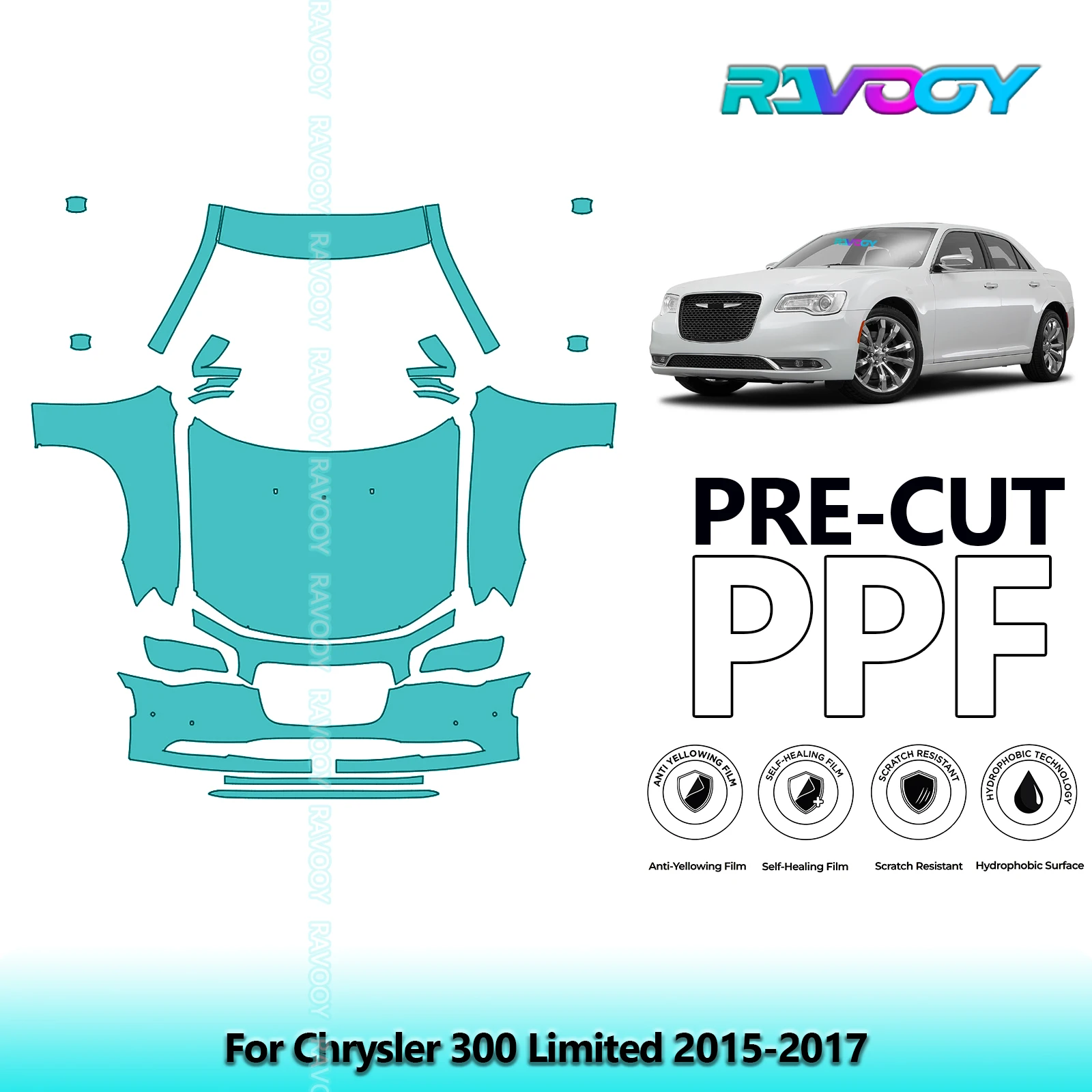 RAVOOY 8.5Mil Custom-Fit Precut TPU PPF Front Kit Clear Bra Stone Guard EU UK For Chrysler 300 Limited 2015-2017