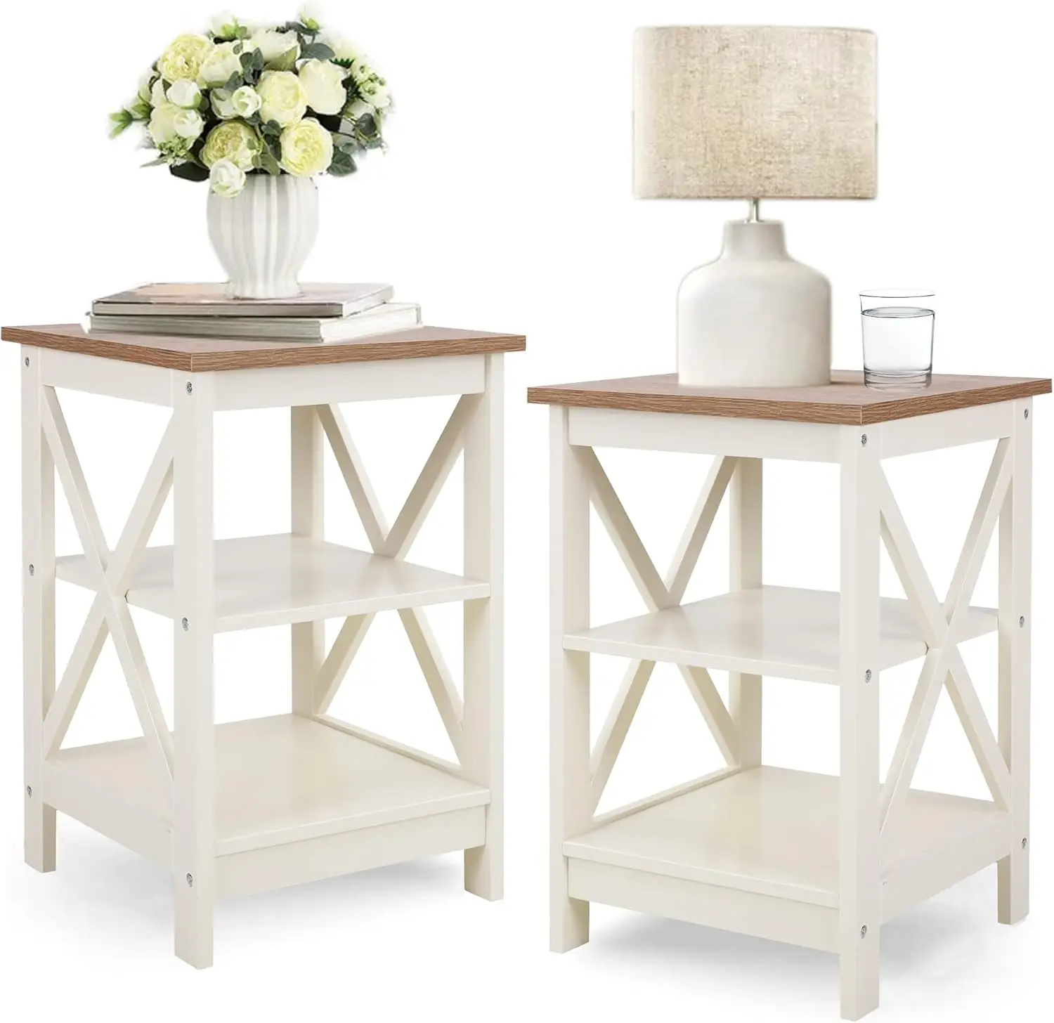 VILLA End Table Living Room Set of 2 - Farmhouse Bed Side Table Nightstands for Bedroom, Ivory White Small Side Table