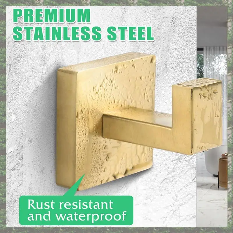 Lo mejor de 2025-2 uds. Ganchos para toallas, gancho para bata, gancho para abrigos, ganchos cuadrados resistentes de acero inoxidable dorado para baños, montado en la pared para baño