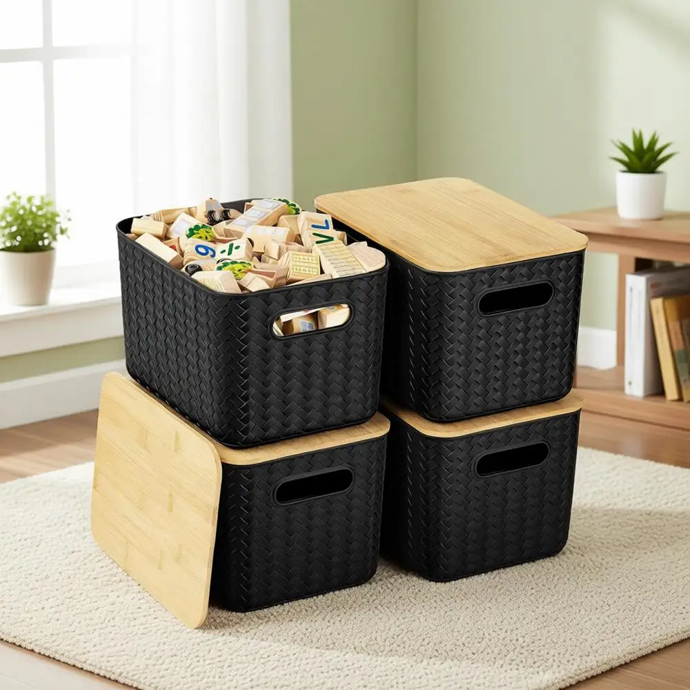 

Stackable Bamboo-Lid Plastic Storage Bins for Organizing, Office, Home, and Classroom Use