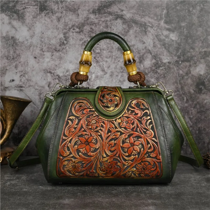 Johnature Luxury Handbag 2024 Autumn New Vintage Handmade Leather Carved Women Bag Versatile Female Shoulder & Crossbody Bags