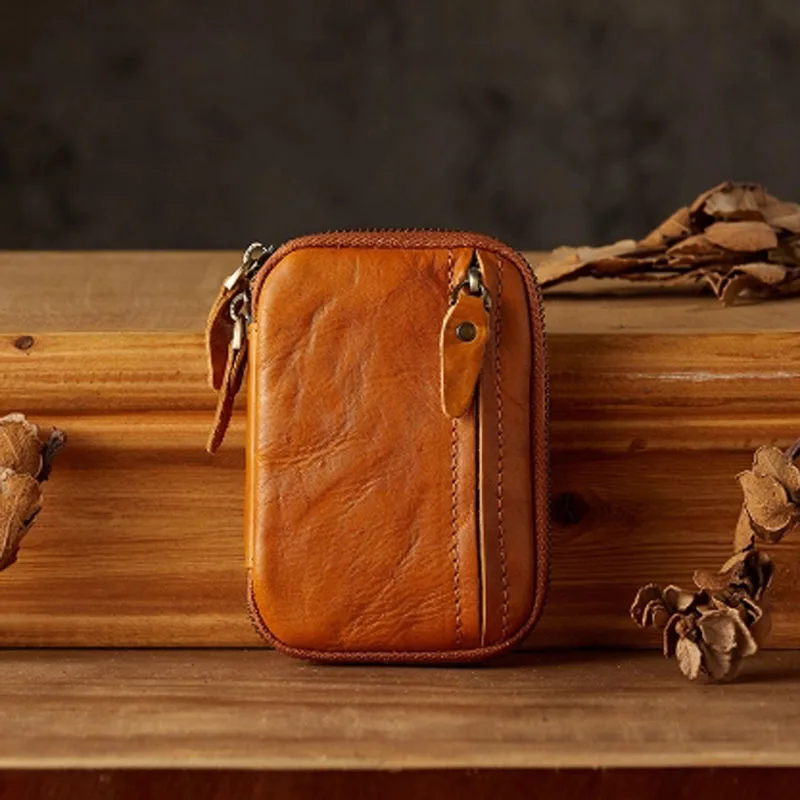 AETOO  Handcrafted genuine leather multi-functional key case, men's top layer cowhide coin purse, short retro and simple zipper