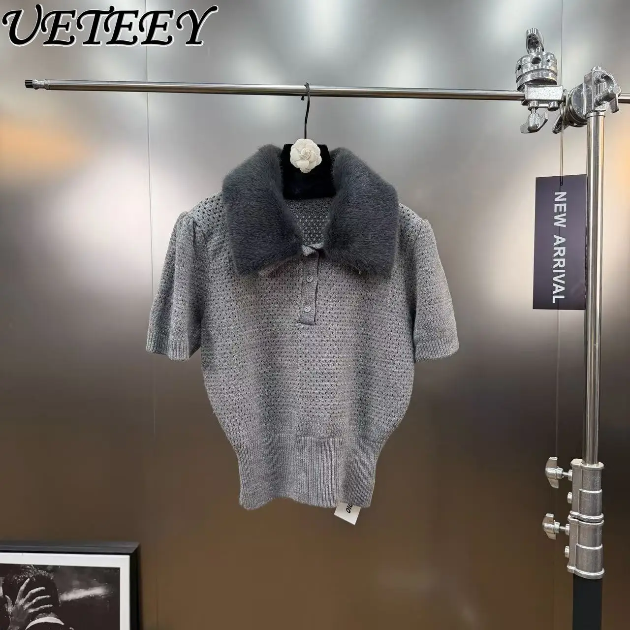 

Autumn Winter New Detachable Furry Collar Short Sleeve Top Minimalist Ins Style Pullover Versatile Short Knitted Sweater