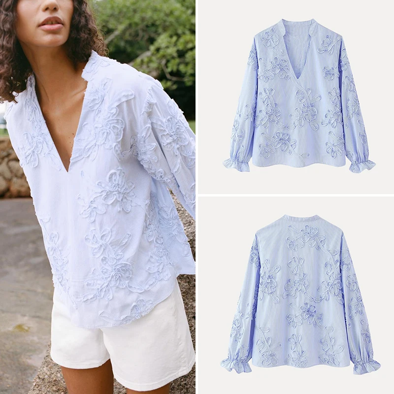 

Summer 2025 Women's Texture Stripe Floral Silk irt Long Sve Regular Fit Polyester Fiber Z Brand Chinese Origin