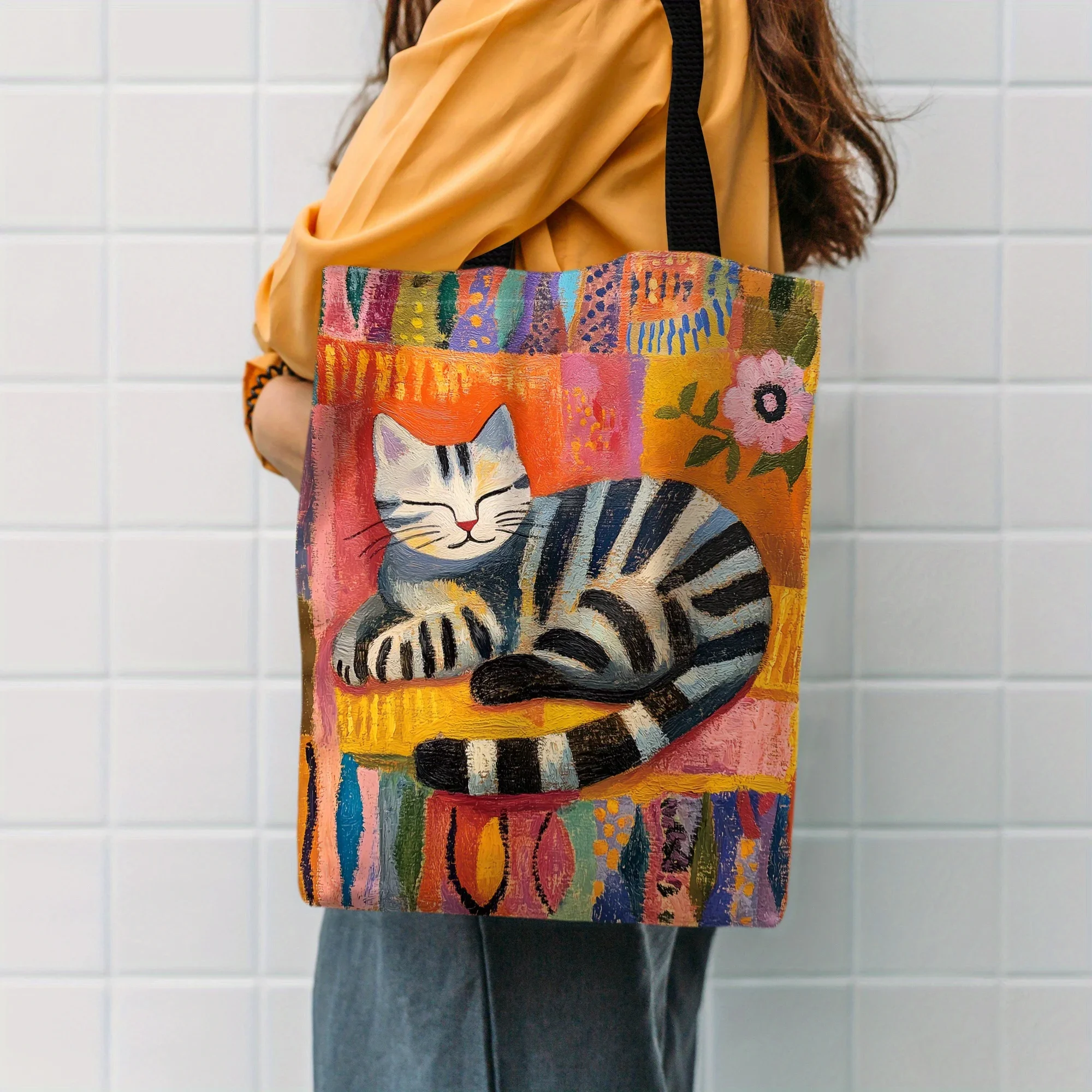 

1pc Colorful Ethnic Cat Pattern Handbag - Durable and Fashionable Shoulder Bag, Suitable for Shopping and Daily Use