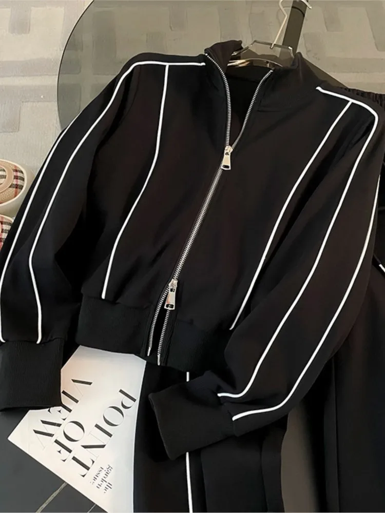 Woman's Color Blocking Sportswear Set Spring Autumn Fashion Flip Collar Zipper Coat Long Pants Two-piece Set Lady Leisure Outfit - Image 5