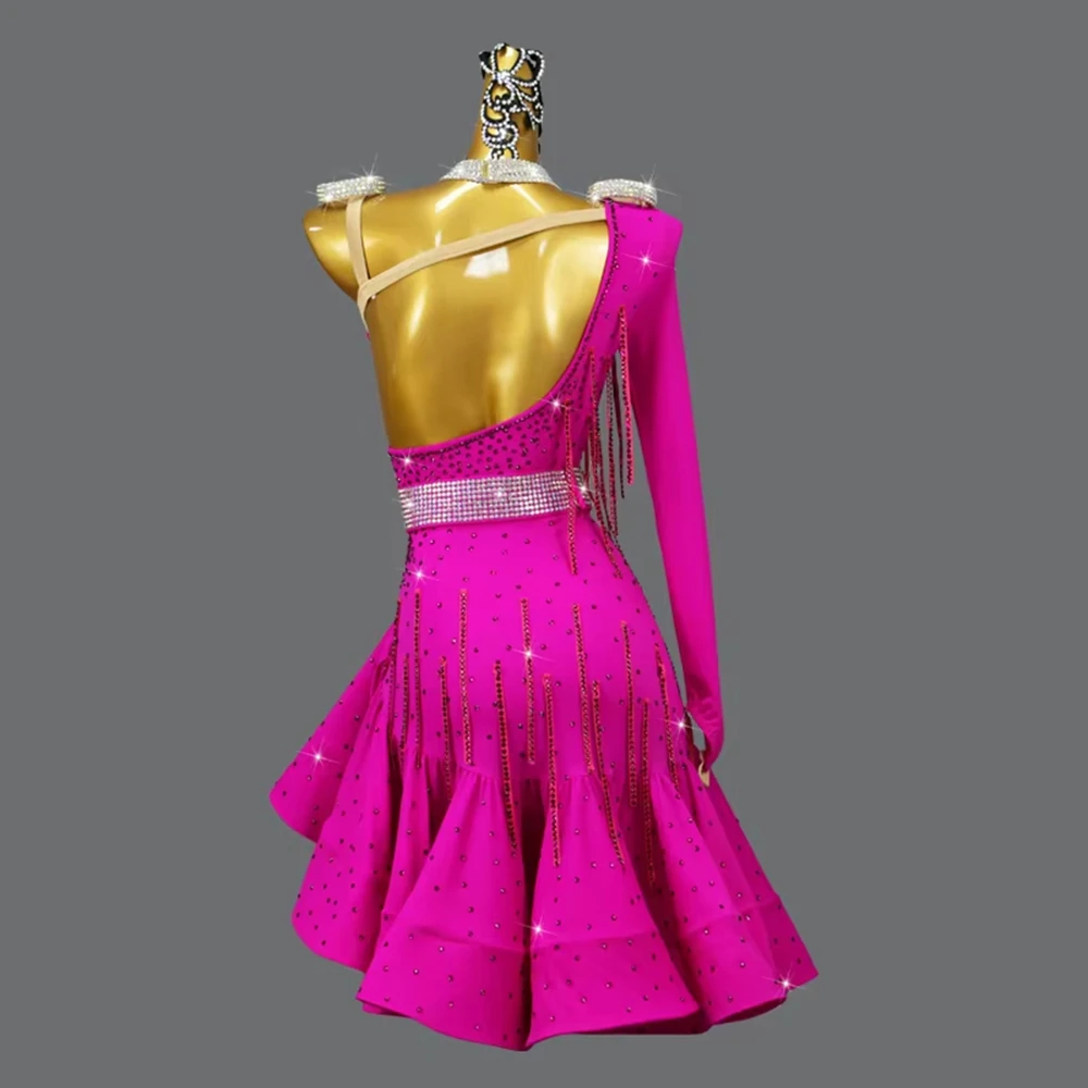 2025 nieuwe latin danswedstrijd kostuum sexy nieuwe volwassen slijtage vrouwen midi jurk ballroom kleding meisje sport party rok aangepast