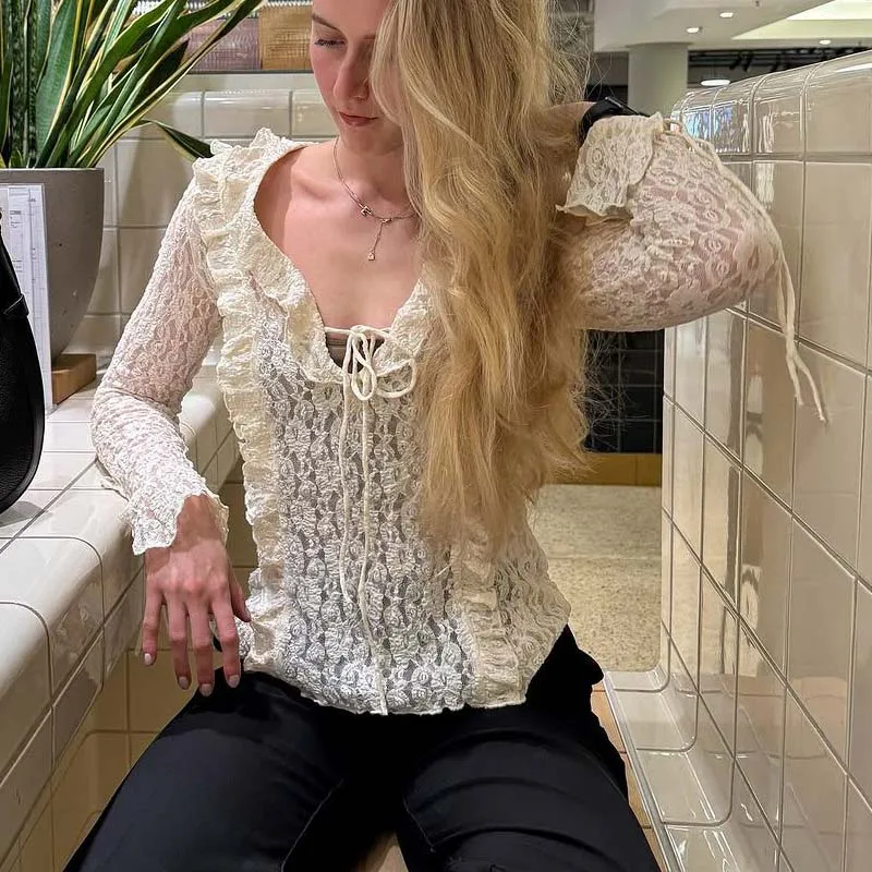 

YENKYE New 2025 Women Long Sleeve V Neck Lace Ruffle Blouse Sexy Semi-Sheer Slim Spring Tops Streetwear