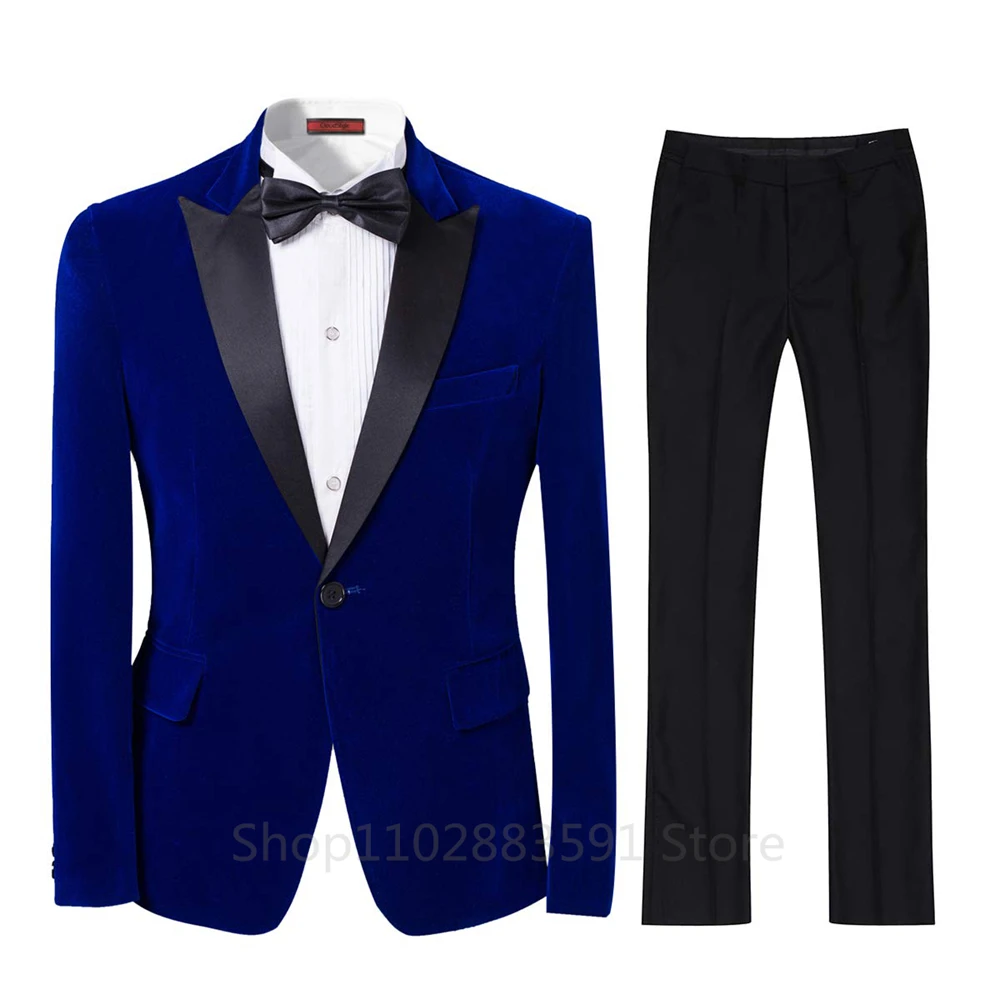 Velvet Men Suits 2 Pieces Slim Fit Blazer Pants Costume Best Man Party Satin Shawl Lapel Wedding Business Tuxedos Groom Homme