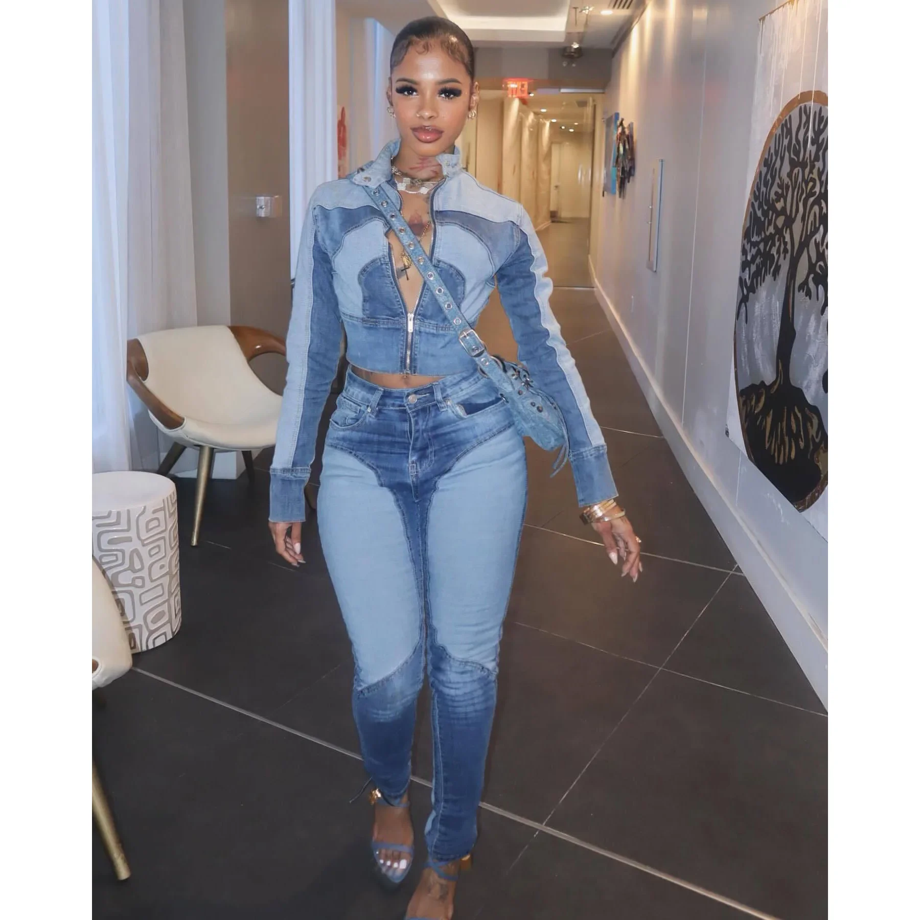 Sexy Denim Jackets Two Piece Sets Matching Outfits 2025 Y2K Streetwear Women Pencil Denim Jean Pants Winter Fall 2 Piece Sets view 2