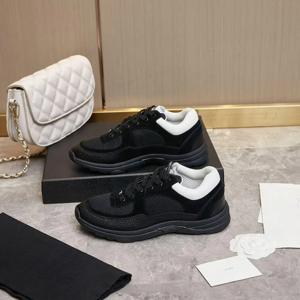 Unisex Round Toe Low Top Platform Casual Shoes Black Mixed Mesh Leather White Inner Collar Lace Up Outdoor Sneakers
