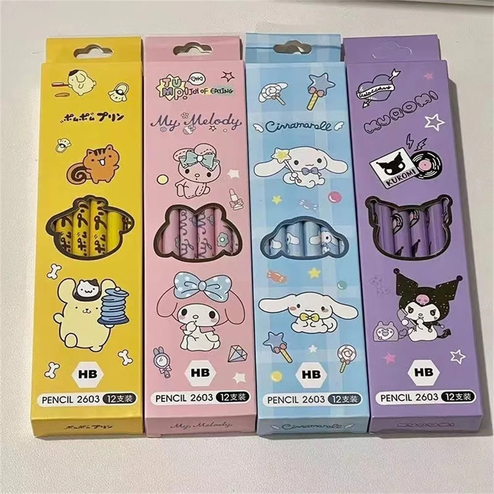 12Pcs/Box Sanrio Melody Kuromi Cinnamoroll Hello Kitty Pencil HB Write Draw Pencils Primary Students Stationery School Gifts