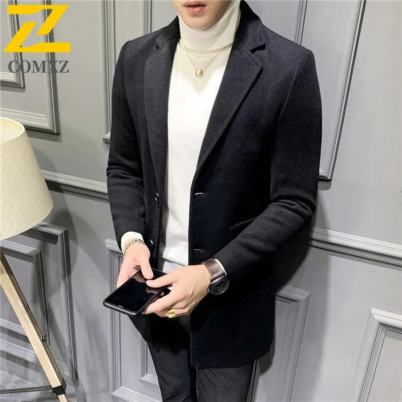 COMXZ  New Mens Trench Coat Lightw Luxurious Mid-Length Wool Blend Overcoat Korean Style Trendy Tweed Autumn Winter Outerwear