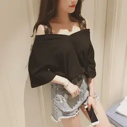 Black Off Shoulder Loose T Shirts Summer New Short Sleeve Lace Patchwork Solid Color Sexy Tops Tees Casual Fashion Women Clothes