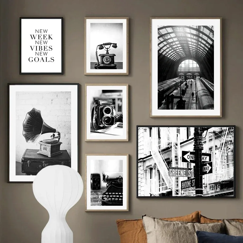 2026 Black White Retro Camera Gramophone Phone Wall Art PaintingCanvas  Nordic Posters And Prints Wall Pictures For Living Room