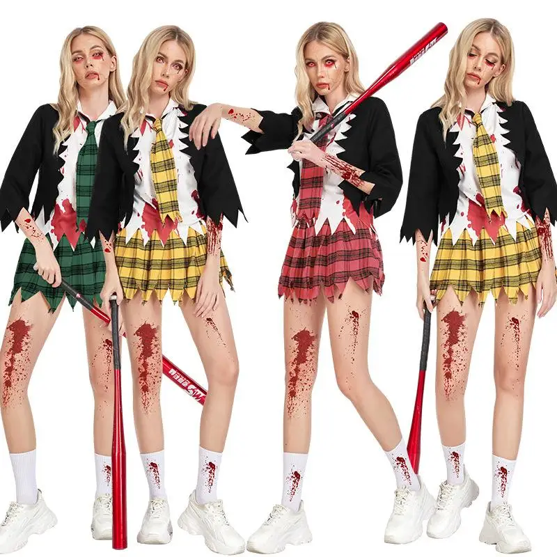 

Отраженный в крови костюм зомби и клетчатая юбка для женщин, студенческий наряд для вечеринки, Хэллоуин, уха, танцевальный фестиваль