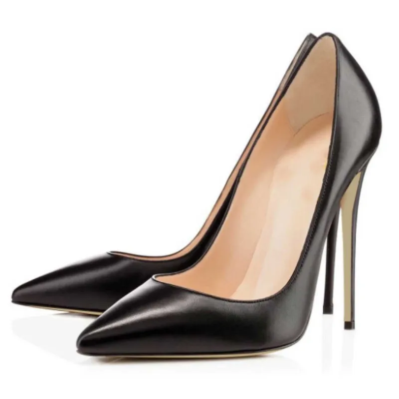 

SHOFOO Fashionable women's high heels. Black leather single shoes About 12 cm heel height Pointed toe pumps Fashion show banquet