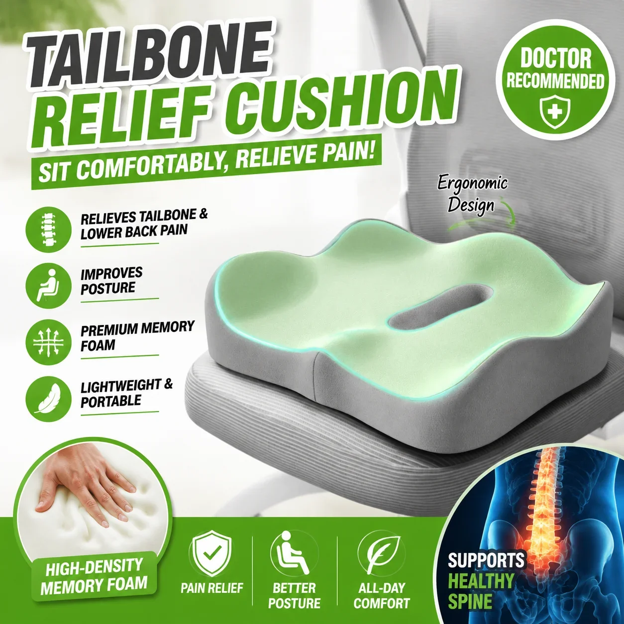 1pc Memory Foam Seat Cushion - 3D Ergonomic Support| Light Green Grey Black Washable Polyester Car Office Essentials