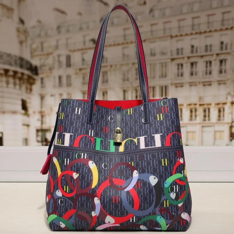 Luxury Women Elegant Large Capacity Tote Bag Print Monogram Padlock Leather Shoulder Bag Daily Travel Work Commute Handbag