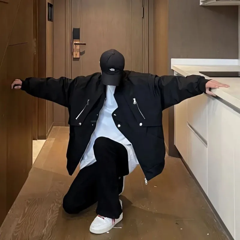 

American Sle Loose Fit Bla Pilot Jaet Coat Boyfriend Sle Retro High Street Versatile Baseball irt for Men Cotton