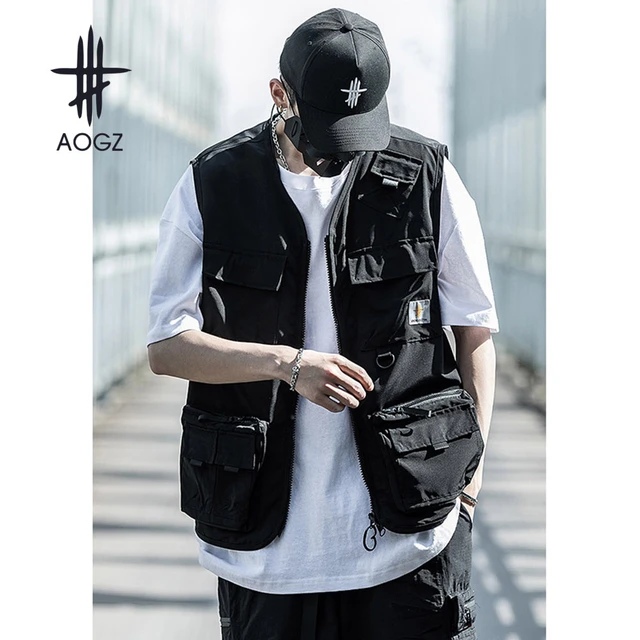 AOGZ Hip Hop Zipper Cargo Vest Jacket Men Women Multi pocket Vest Multifunctional Sleeveless Jacket Techwear Streetwear Outwear AliExpress