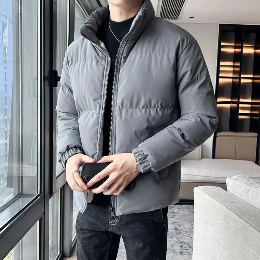 Winter Cotton Coat Thick Plush Padded Jacket Long Sleeve Windproof Neck Zipper Closure Smooth Men Down Jacket