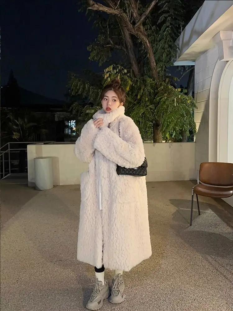 Lamb Wool Coat Women\'s Long Coat Knee High Design Wealthy Family Imitation Rabbit Fur Thick and Loose Stand Collar