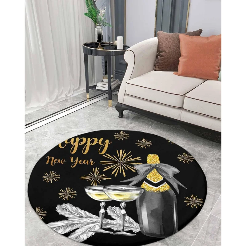 

2025 New Year circular carpet flannel living room bedroom black gold silver decorative floor mat 75X75cm