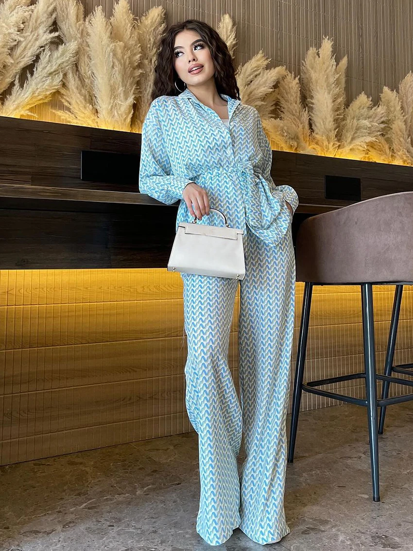 Marthaqiqi Printing Ladies Sleepwear Set Long Sleeve Robe Turn-Down Collar Pajamas Lace Up Nightwear Pants Casual Nightgown Suit
