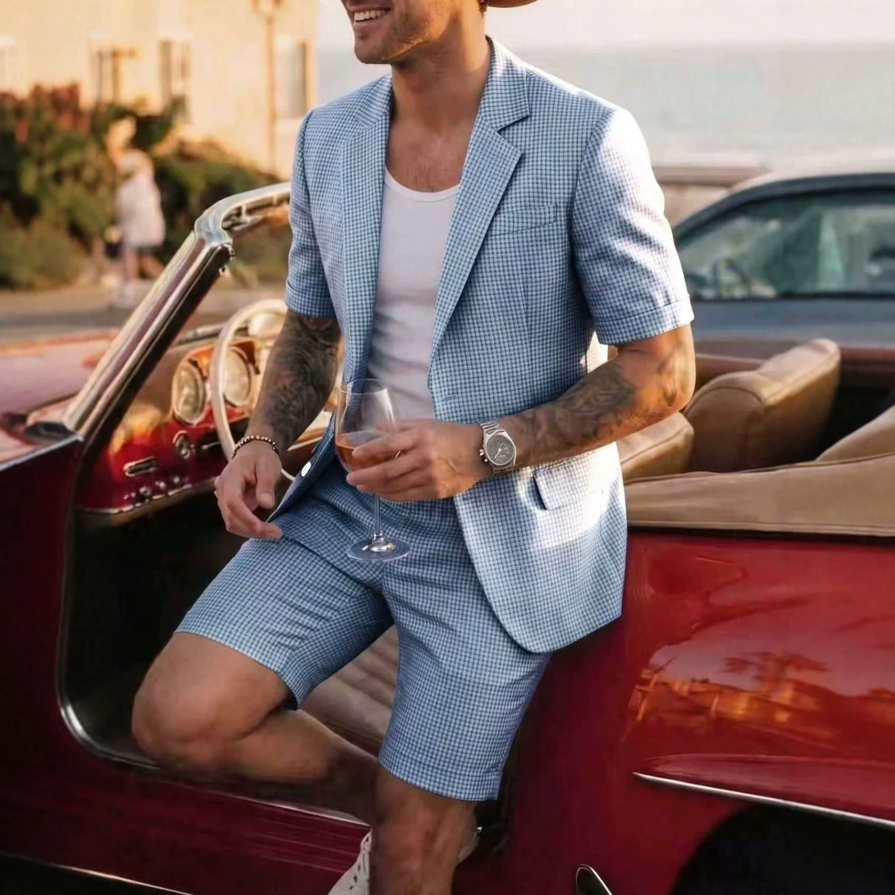 Summer Men's Plaid Slim Fit Business Dinner Casual Suit