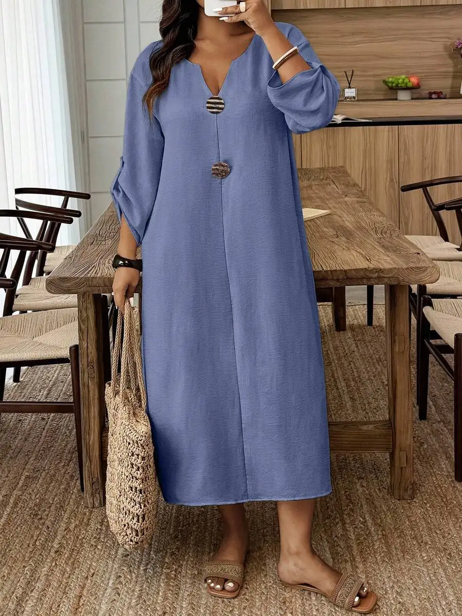 

Loose Linen-Like Texture Solid Color V-Neck Midi Dress With Faux Wood Button For Women Spring Summer Casual