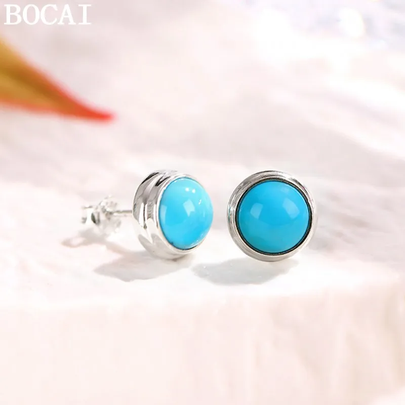 BOCAI New S925 Sterling Silver Jewelry Vintage Fashion Inlaid Turquoise Earrings Women's Selected Gift