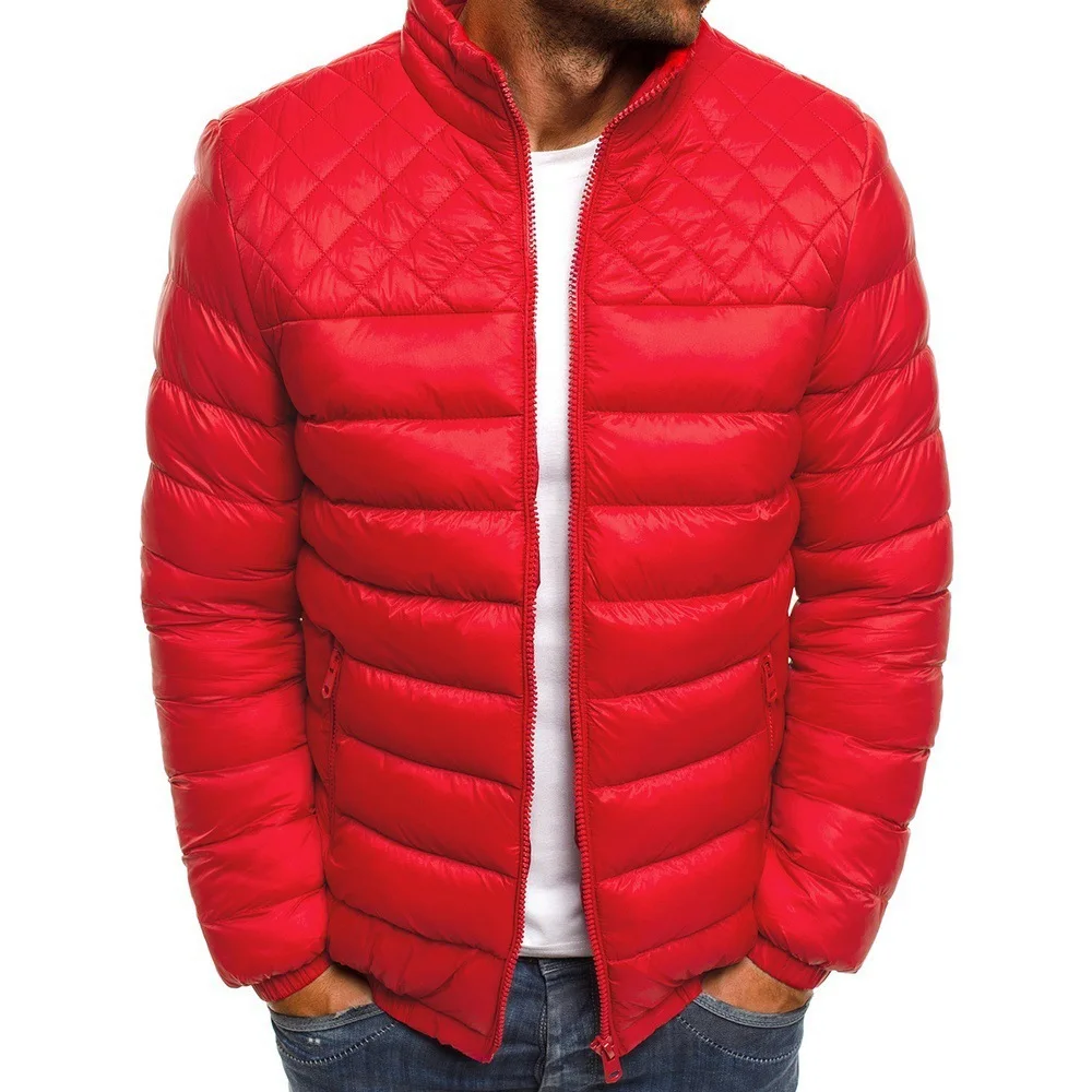 Winter Men Down Jacket New Simple Solid Color Plaid Stand Collar Male Coat Long Sleve Zipper Lightweight Casual Man Outerwear