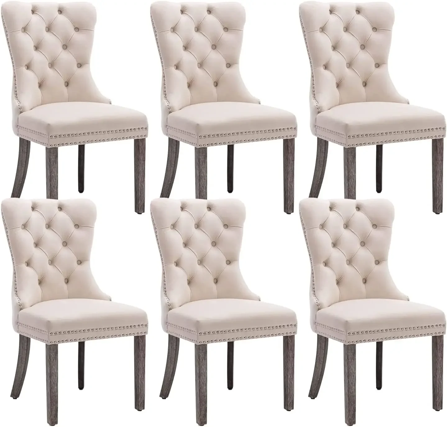 

Velvet Dining Chairs Set of 6,Tufted Dining Room Chairs with Nailhead Ring Pull Trim,Upholstered Chairs with Wood Legs,Beige