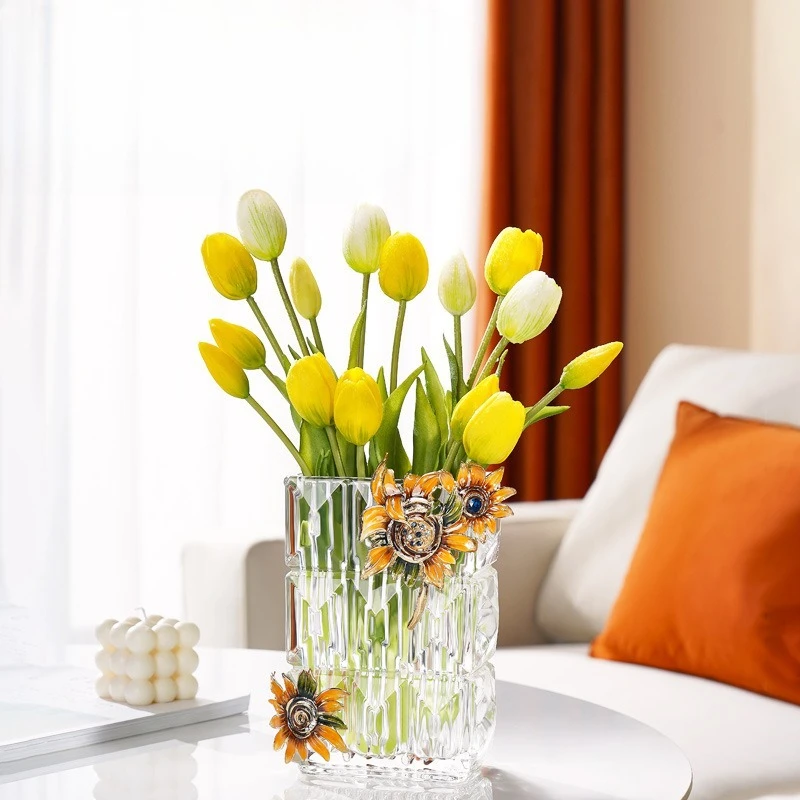 Light luxury high-end enamel color vase, glass transparent water flower arrangement