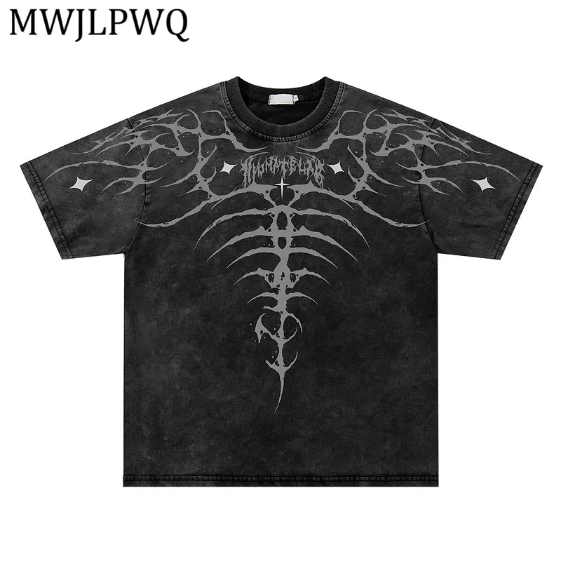 

MWJLPWQ Men's Distressed Gothic T-Shirt Skeleton Print Loose Crew Neck Short Sleeve American Vintage Casual Streetwear Top 15533