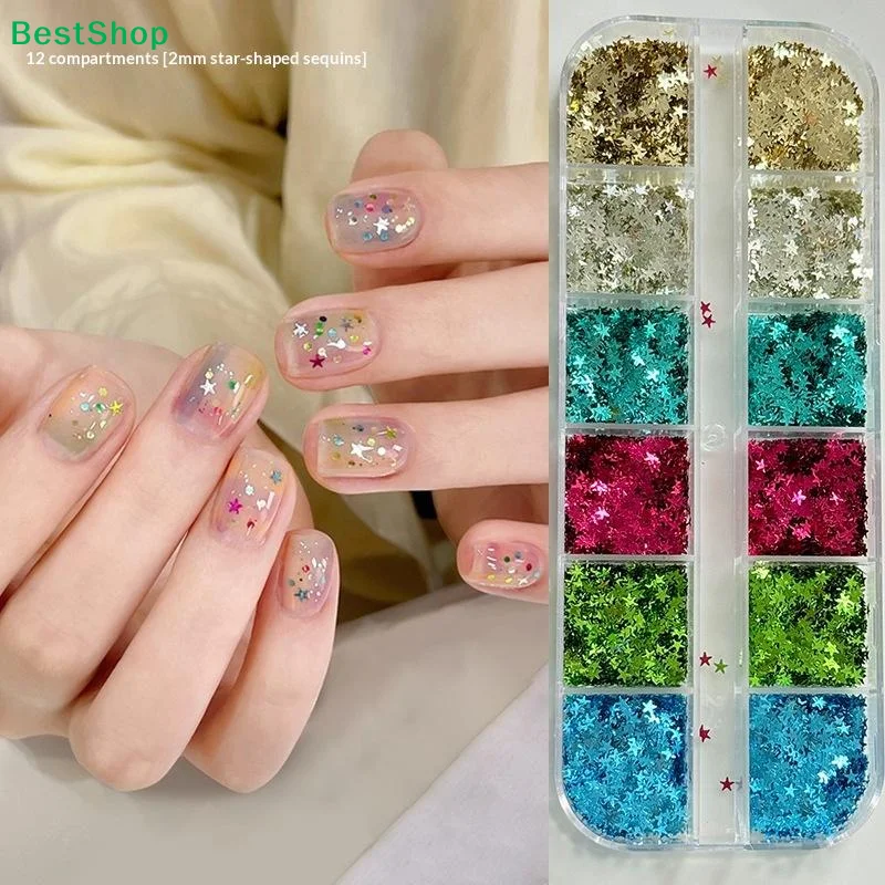 ♥ مجموعة لامعة لفن الأظافر على شكل نجمة مكونة من 12 حجرة مقاس 2 مم |   ترتر متعدد الألوان لديكور المانيكير