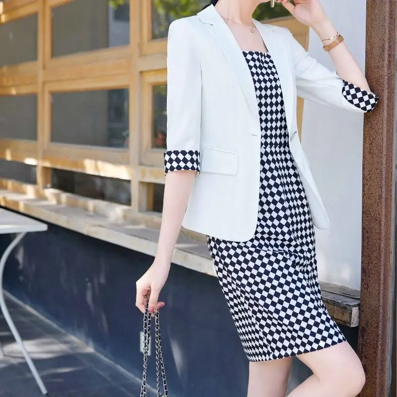 4-A16  Fashion small suit jacket women\'s dress suit plaid contrast color temperaece suit 2023 summer new style skirt