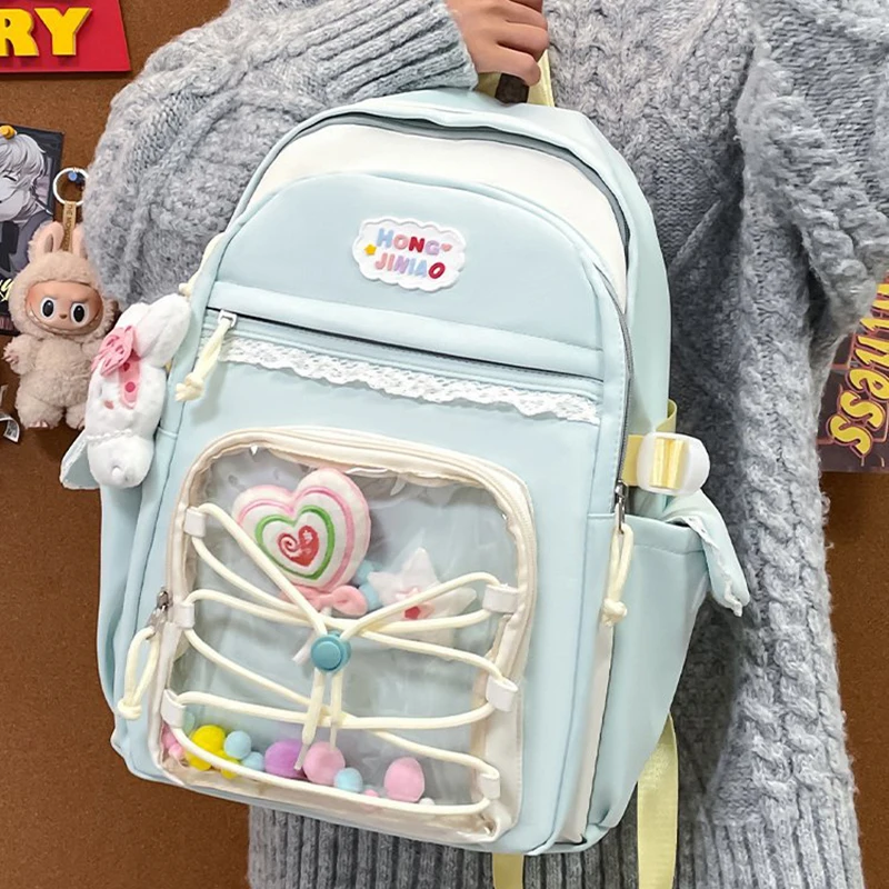 

HAEX Dopamine Women Backpacks 2025 Large Capacity Casual Nylon DIY Anime Badge Ita Bags Lace Cross Students Commute Bolso Mujer