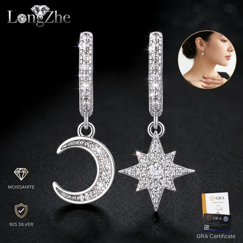 

Moissanite Moon Star Drop Earrings S925 Sterling Silver Dangle Hoops for Women Anniversary Wedding Gift