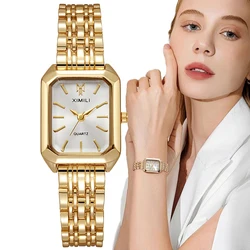 Lujo Señoras Moda Reloj de Cuarzo Escala Simple Cuadrado Calidad Chapado en Oro Mujeres Relojes de negocios de acero inoxidable Reloj plegable