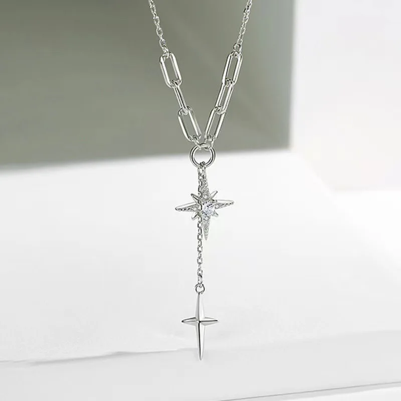 Silberfarbene Y-Halskette für Damen, Modische Kristall-Stern-Anhänger-Halskette, Lange Quasten-Schlüsselbeinkette, Damen-Party-Schmuck – Detail 6