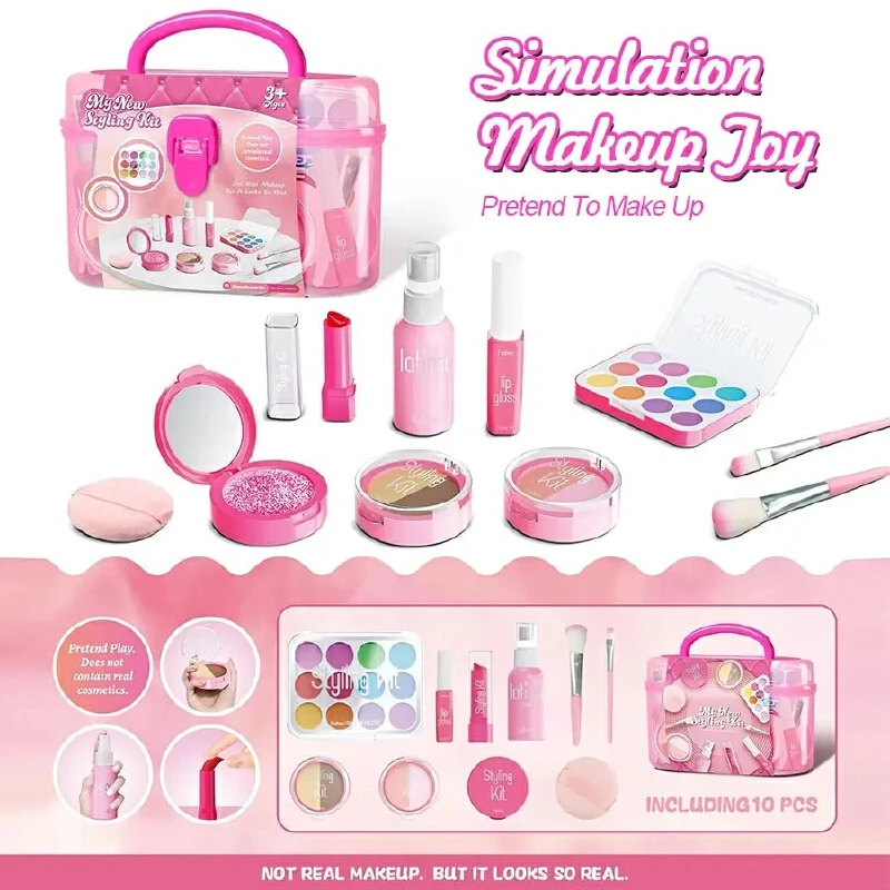 Gefälschtes Make-up-Set, 10-teiliges Set aus ungiftigem Spielzeug und Kosmetika mit Lidschatten-Palette, Lippenstift-Applikator (kein echtes Make-up)