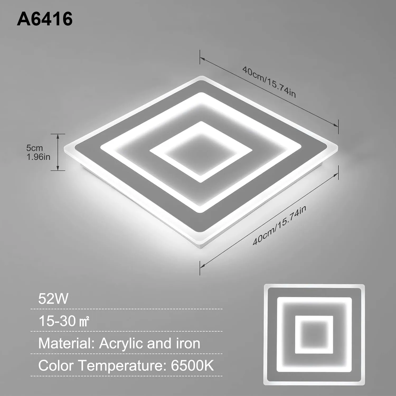 Moderne quadratische LED-Deckenleuchte, 42 W, Acryllampe, 6500 K, kaltweiße Beleuchtung für Schlafzimmer, Wohnzimmer, Flur, Badezimmer – Detail 2
